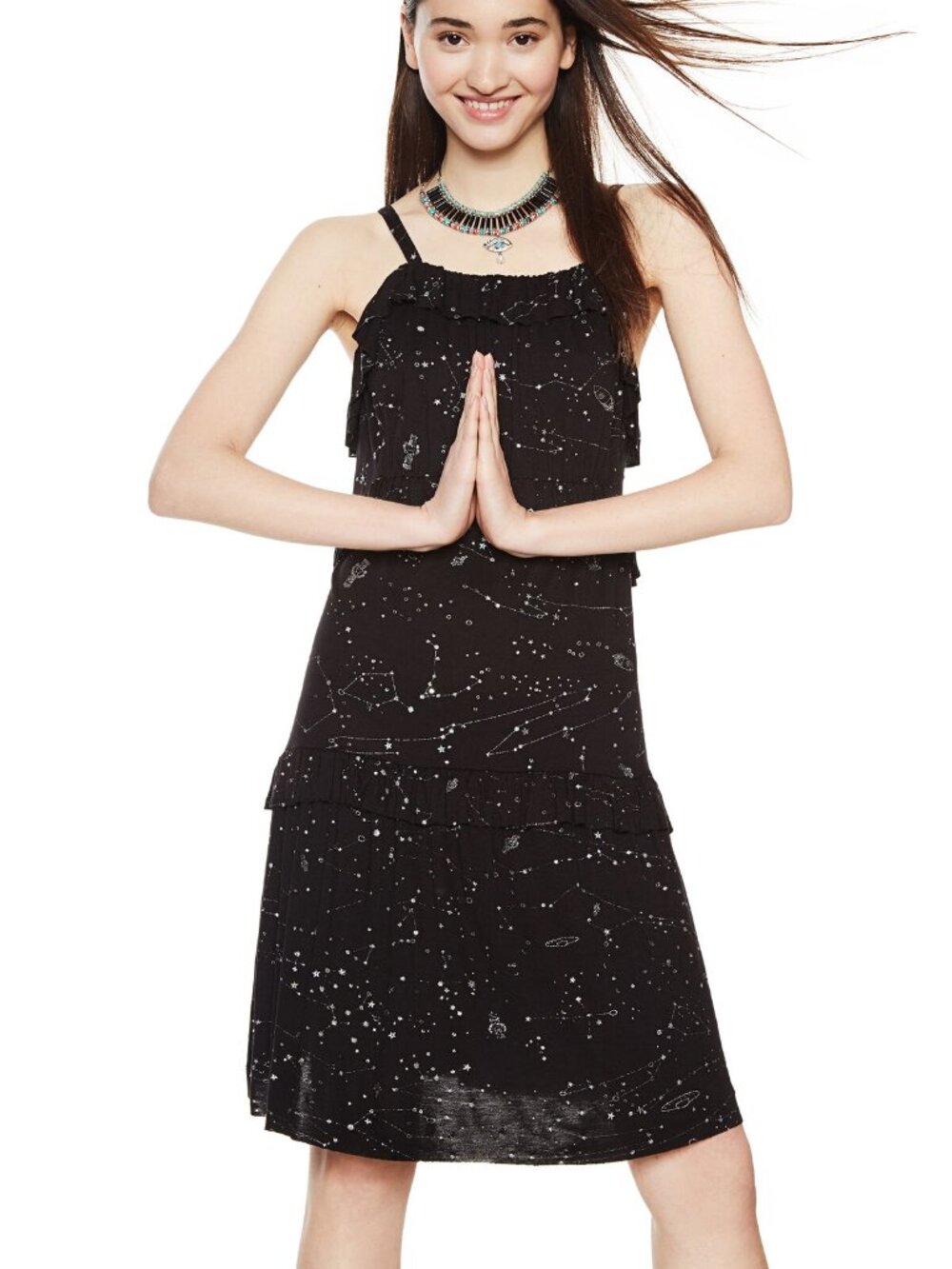 Desigual Black Celestial Star Printed Ruffle Strap Dress NWT Size Large Women's